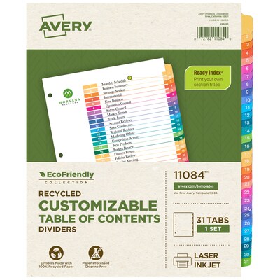 Avery Ready Index Table of Contents EcoFriendly Paper Dividers, 1-31 Tabs, Multicolor (11084)