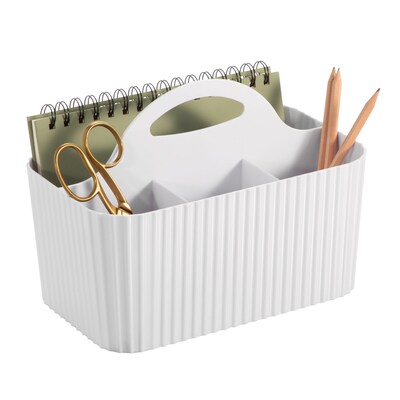 mDesign 4-Section Plastic Desktop Caddy Organizer with Handle, White (26054)