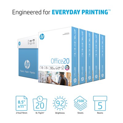 HP Office20 8.5 x 11 Multipurpose Paper, 20 lbs., 92 Brightness, 500 Sheets/Ream, 5 Reams/Carton (