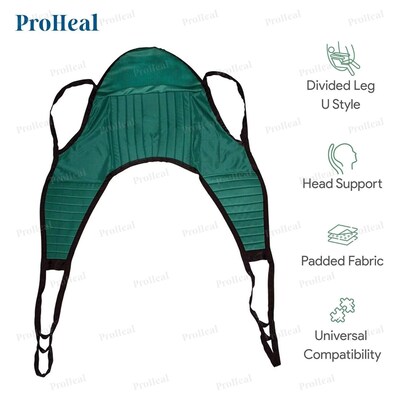 ProHeal Universal Divided Leg Lift U Sling w/ Head Support for Patient Lifts, Large, 59" x 21.5", Polyester (PHP-30101-HS)