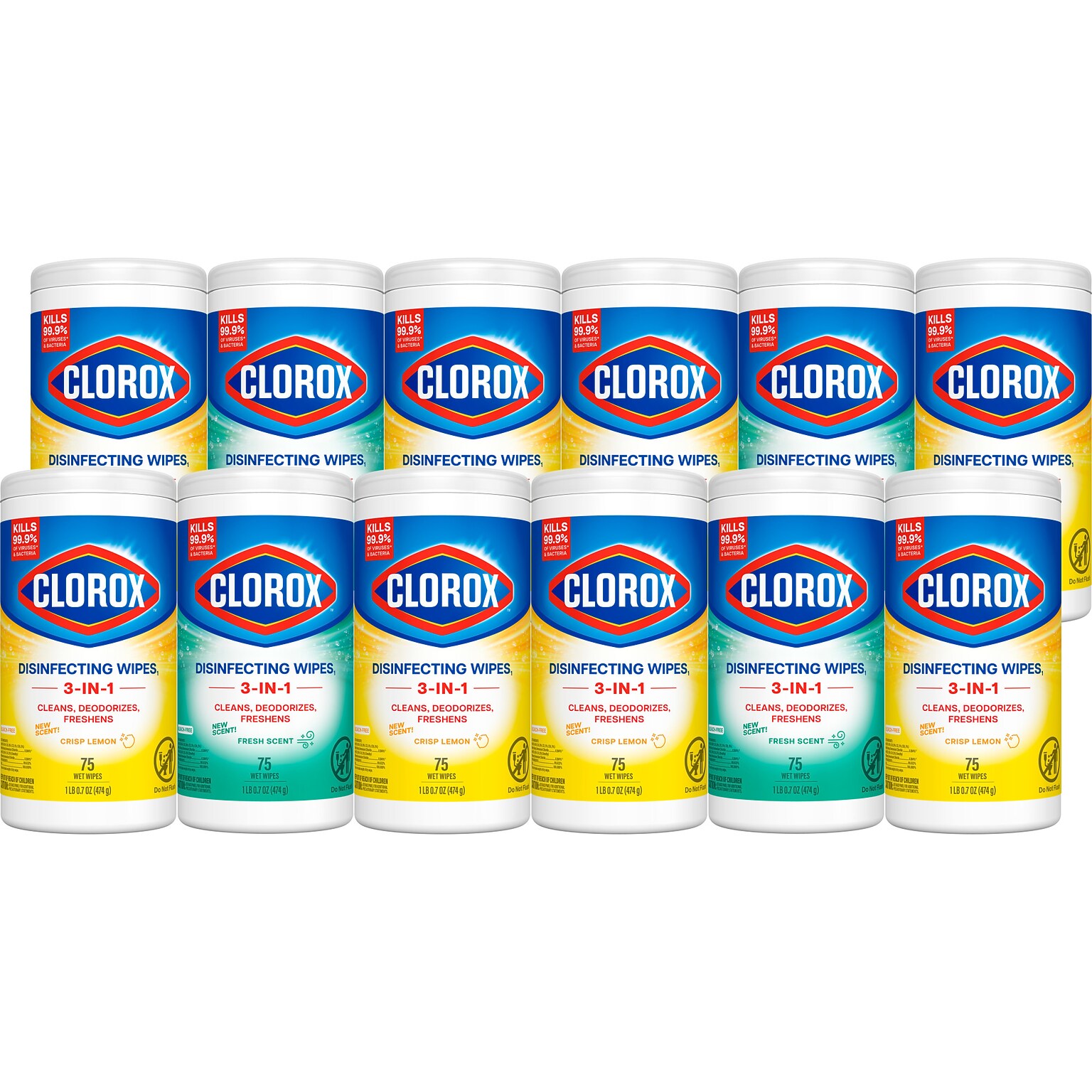 Clorox Disinfecting Wipes, Fresh & Crisp Lemon Scent, 75 Wipes/Container, 12/Carton (30208CT)
