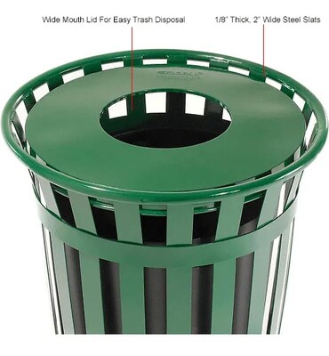 Global Industrial Outdoor Slatted Steel Trash Can w/ Flat Lid, 36 Gallon, Green (237726GN)