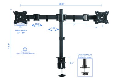 Rocelco 37.5" Height Adjustable Standing Desk Converter with Dual Monitor Arm - Anti Fatigue Mat, Black (R DADRB-DM2-MAF)