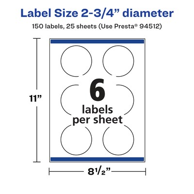Avery Laser/Inkjet Circle Multipurpose Labels, 2.75"  Dia, Glossy White, 150/Pack (94512)