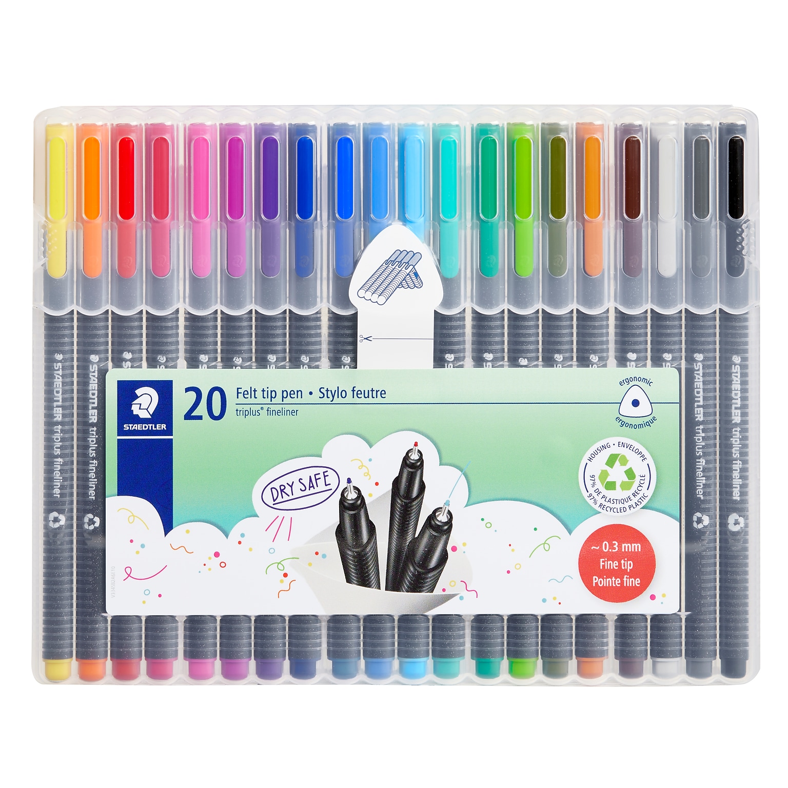 Staedtler Triplus Felt Pens, Super Fine Point, Assorted Ink, 20 Pens/Pack (334 SB20)