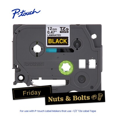 Brother P-touch Laminated Label Tape, ~1/2" x 26.2', Gold on Black (TZe334)