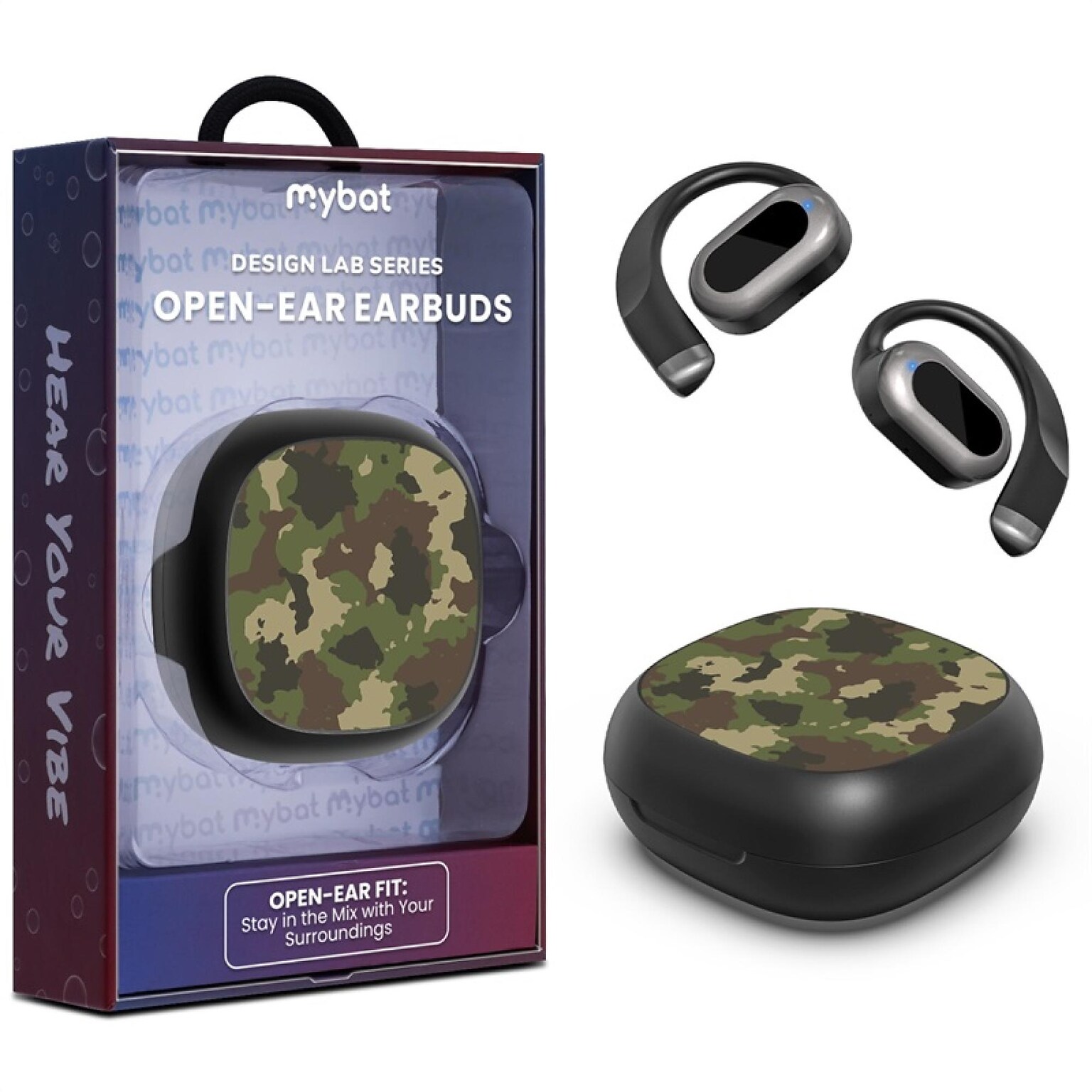 MyBat Design Lab Open Ear Bluetooth Earbuds, Black And Camouflage Print (BTG003001)