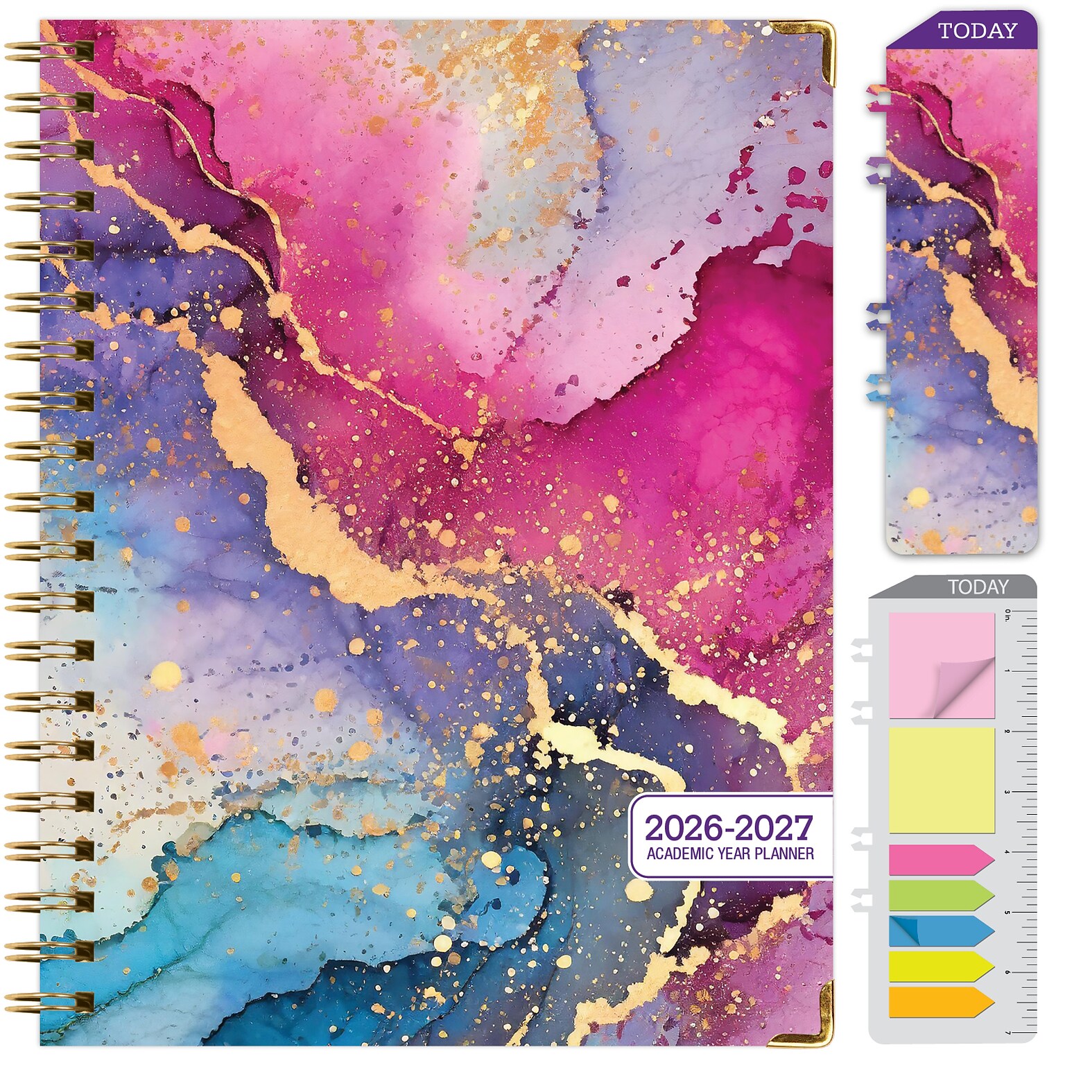2026-2027 Excello Brands 8.5 x 11 Academic Weekly & Monthly Planner, Paperboard Cover, Rainbow Gold Marble (FSHN-AY26-8511-36)