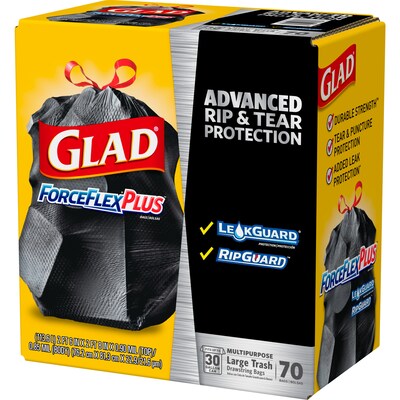 Glad ForceFlexPlus 30 Gallon Trash Bag, 5.31" x 10.06", Low Density, 0.90 mil, Black (70358)