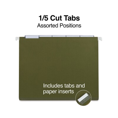 Quill Brand® 100% Recycled Hanging File Folders; 1/5-Cut Adjustable Tabs, Letter Size,Green,  50/Box (745215)