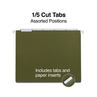 Quill Brand® 100% Recycled Hanging File Folders; 1/5-Cut Adjustable Tabs, Letter Size,Green,  50/Box (745215)