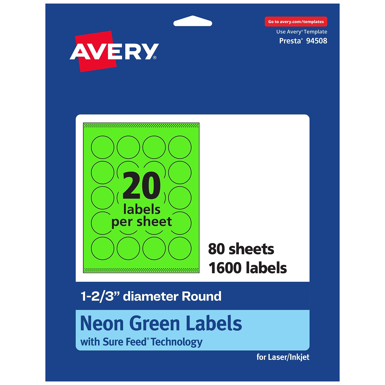 Avery Circle Multipurpose Labels, 1-2/3 Dia., Neon Green, 1600/Box (94508)