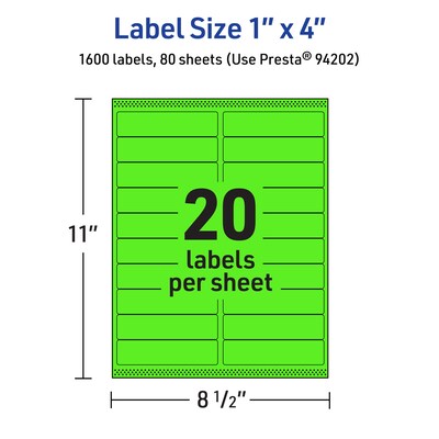 Avery Rectangle Multipurpose Labels, 1" x 4", Neon Green, 1600/Box (94202)