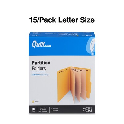 Quill Brand® 2/5-Cut Tab Pressboard Classification File Folders, 3-Partitions, 8-Fasteners, Letter, Yellow, 15/Box (744038)