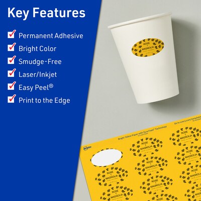 Avery Oval Laser/Inkjet Multipurpose Labels, 1-1/8 x 2-1/4, Bright Yellow (840/Box)