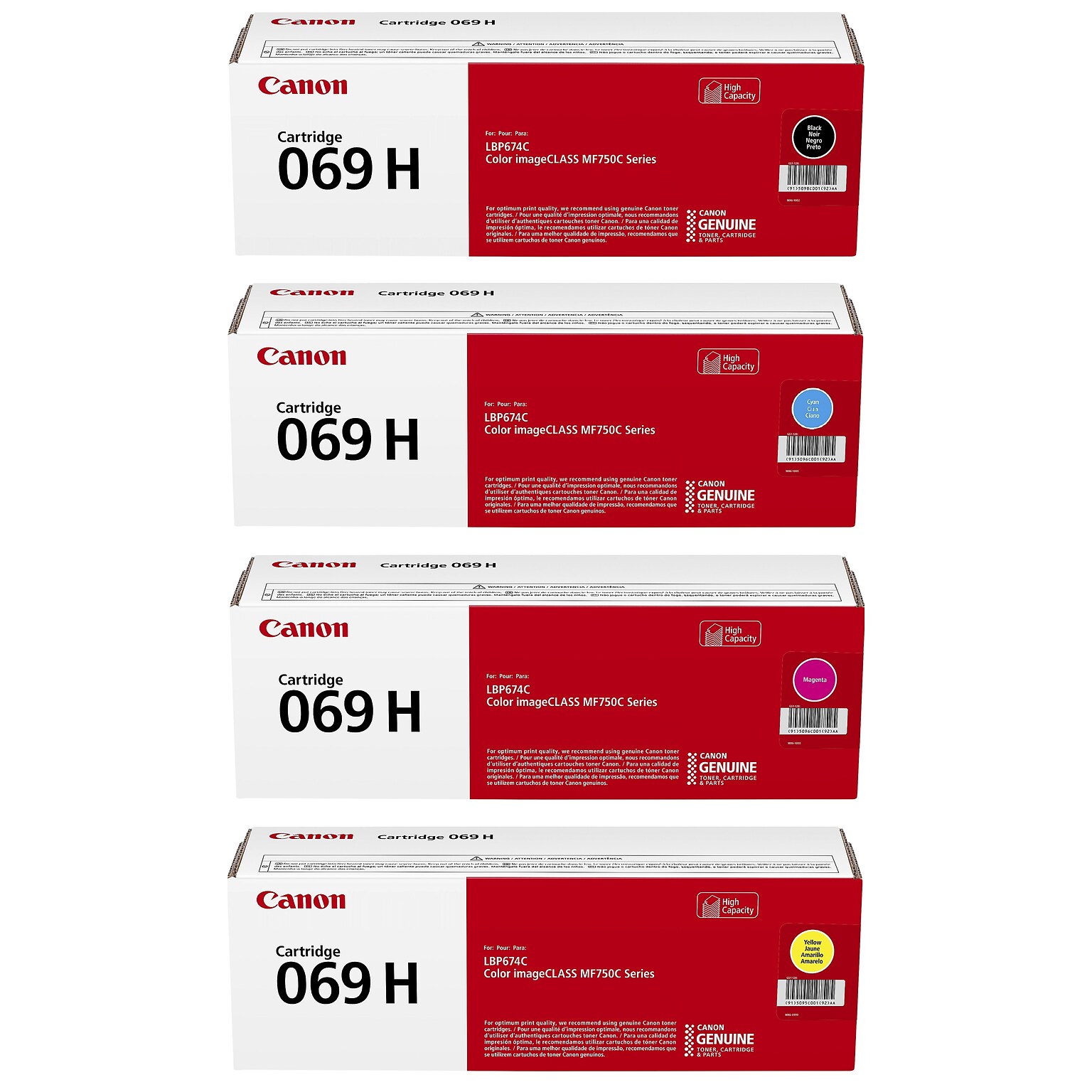Canon 069 Black/Cyan/Magenta/Yellow High Yield Toner Cartridges, 4/Pack (CRG069HCMYK-STP)