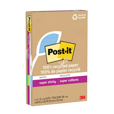 Post-it Recycled Super Sticky Notes, 4 x 6, Oasis Collection, 45 Sheets/Pad, 4 Pads/Pack (4621R-4S