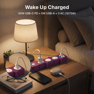 Uncaged Ergonomics Flexible 5' Extension Cord, 3-Outlet, 14 AWG, Plum (2xFPS-Plum)