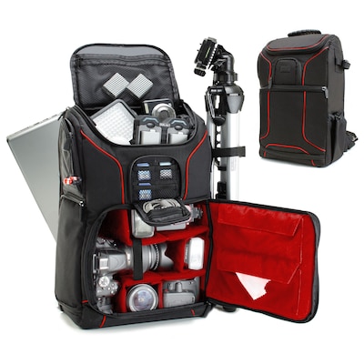 USA GEAR S Series DSLR Camera Backpack with Laptop Compartment, Black with Red Interior (GRSLS17100RDEW)