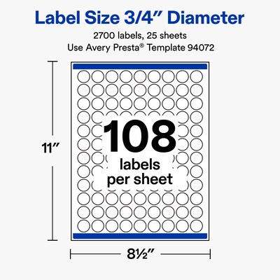 Avery Round Laser/Inkjet Multipurpose Labels, White, 108 Labels/Sheet, 25 Sheets/Pack (19479311212)