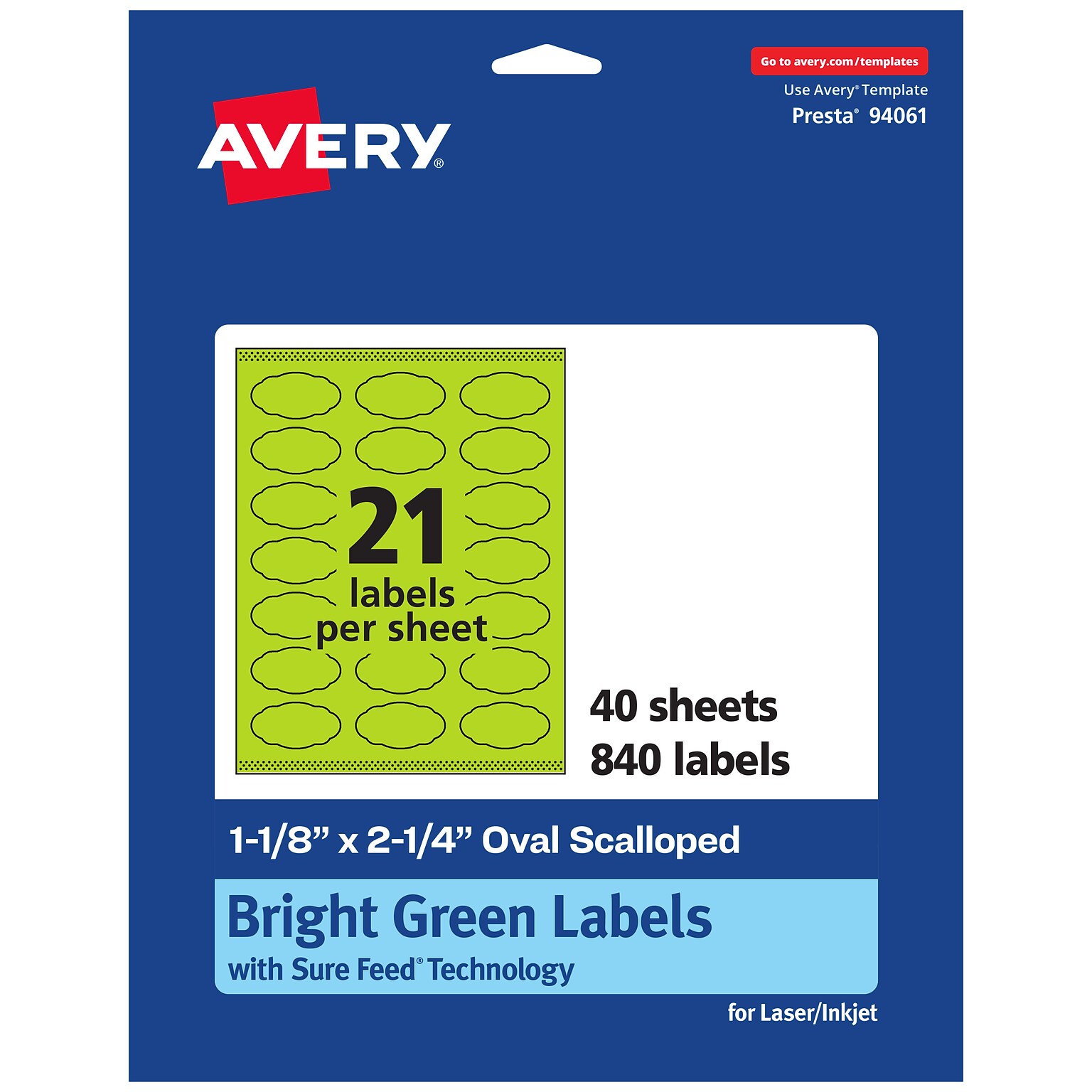 Avery Scalloped Decorative Edge Multipurpose Labels, 1-1/8 x 2-1/4, Bright Green, 840/Pack (94061)