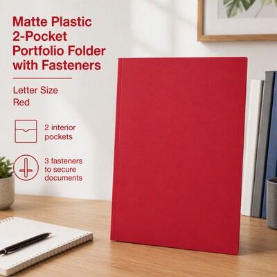 Staples Matte Plastic 2-Pocket Portfolio Folder with Fasteners, Letter Size, Red