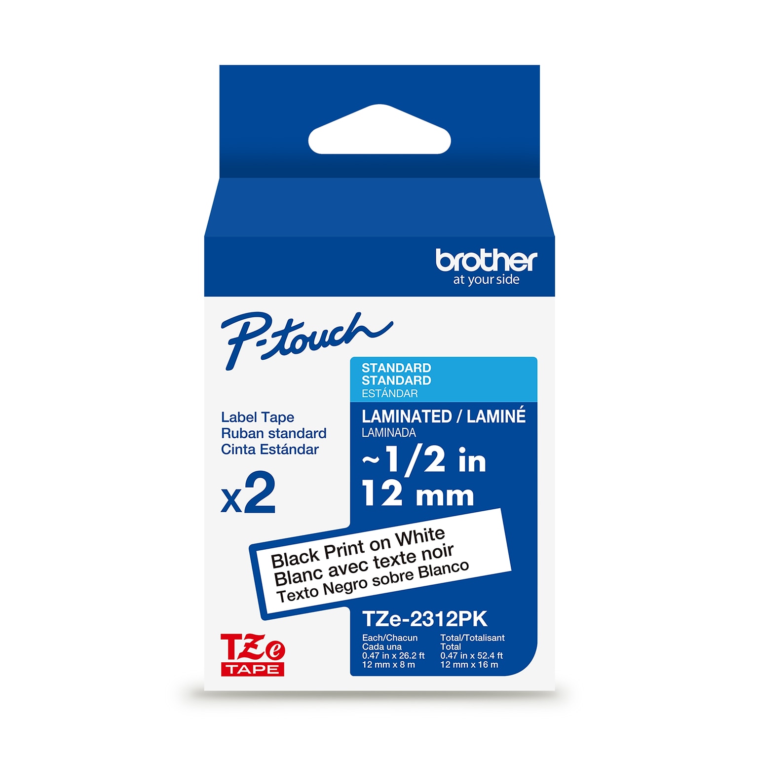 Brother P-touch Laminated Label Tape, ~1/2 x 26.2, Black on White, 2/pack (TZe2312PK)