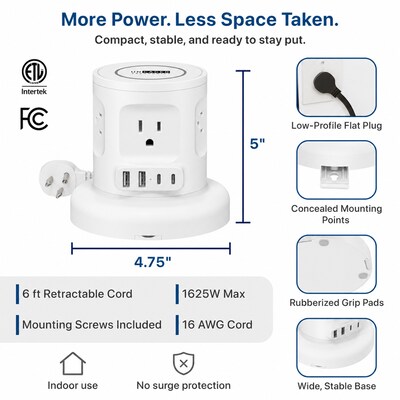 Uncaged Ergonomics USB-C Wireless 6 ft. Retractable Power Strip with 15W Wireless Charger, 4-Outlet, White (WRPS-2-White)