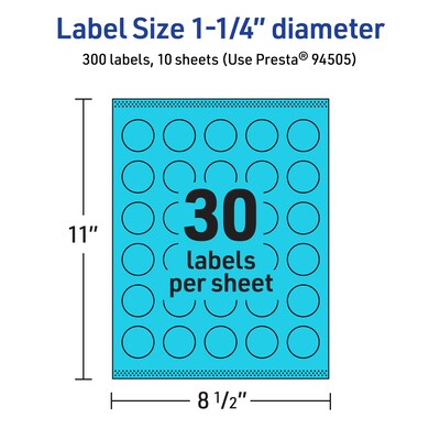 Avery Laser/Inkjet Multipurpose Circle Labels, 1.25" Dia., Bright Blue, 300/Pack (94505)