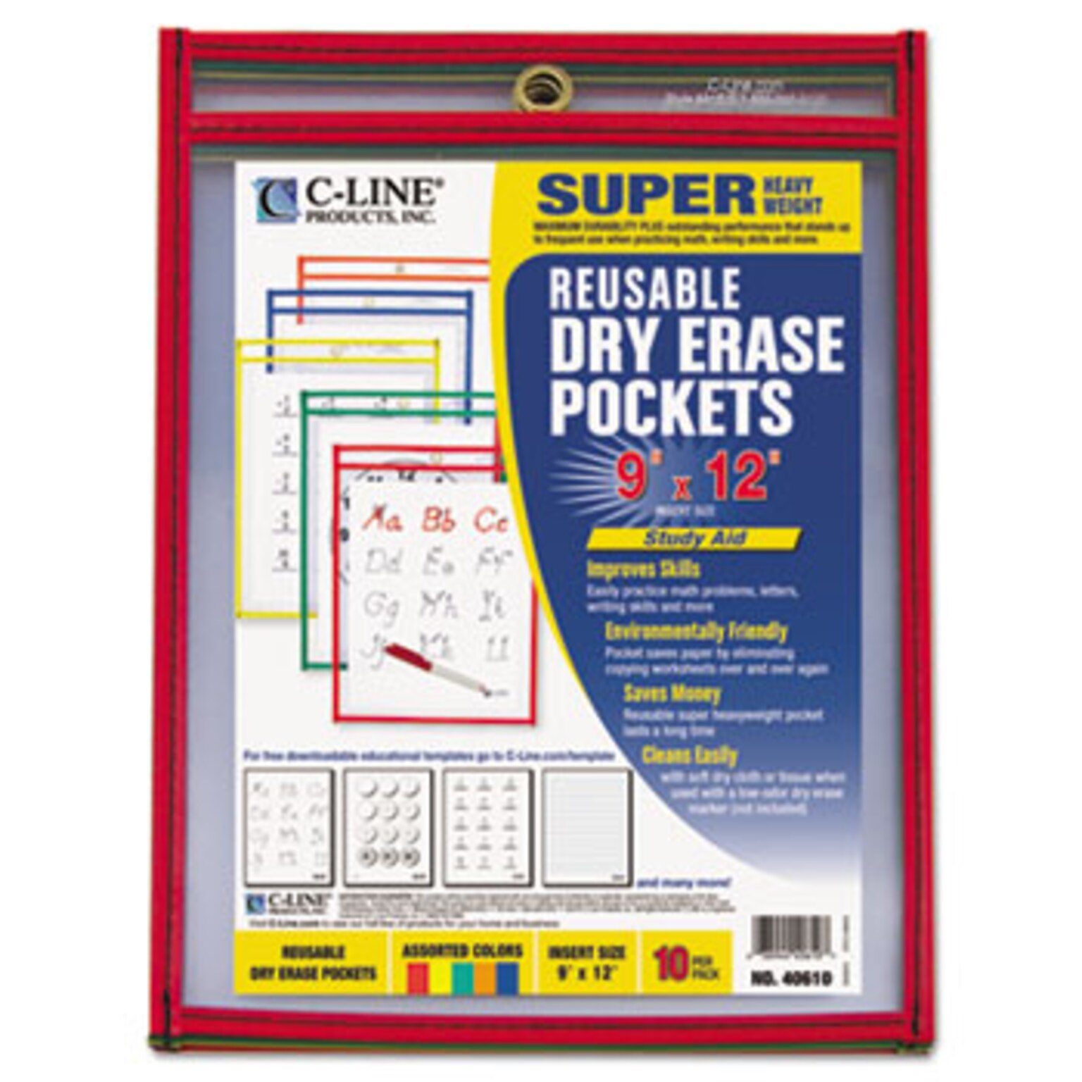 C-Line Dry Erase Pockets, Reusable, Assorted Primary Colors, 10 Each/Pack