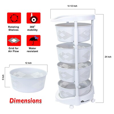 Dbest Octopus 360 4-Tier Plastic Rolling Kitchen Cart, White (01-915)