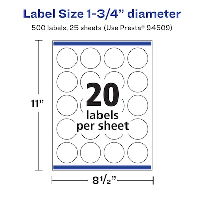 Avery Laser/Inkjet Round Multipurpose Labels, 1.75" Dia., White, 500 Labels/Pack (94509)
