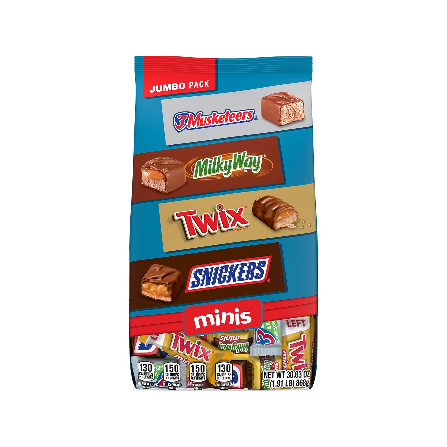 Snickers, Twix, 3Musketeers and MilkyWay Minis Milk Chocolate Candy Bars Bulk Variety Pack, 30.63 oz. (460690)