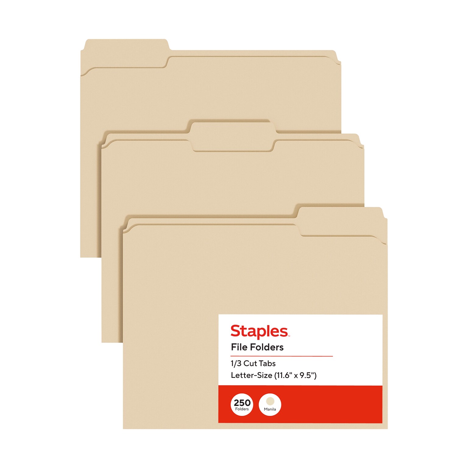 Staples File Folders, Letter Size, 1/3-Cut Tabs, Assorted Positions, Manila, Durable Paper Stock, 250/Pack