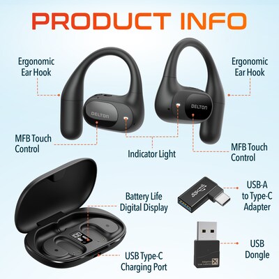 Delton O104 Open-Ear Wireless Bluetooth Earbuds with Charging Case, USB-C/A, Black (DBHO104)