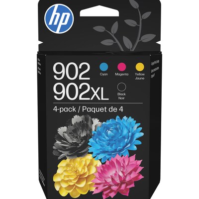 HP 902XL/902 Black High Yield and Cyan/Magenta/Yellow Standard Yield Ink Cartridge, 4/Pack (T0A39AN#140)
