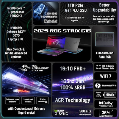 ASUS ROG Strix G16 16 FHD+ 165Hz Gaming Laptop, NVIDIA GeForce RTX 5070, Intel Core i9 14900HX, 32GB RAM, 1TB SSD, Windows 11