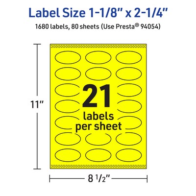 Avery Oval Laser/Inkjet Multipurpose Labels, 1-1/8" x 2-1/4", Neon Yellow (1680/Box)
