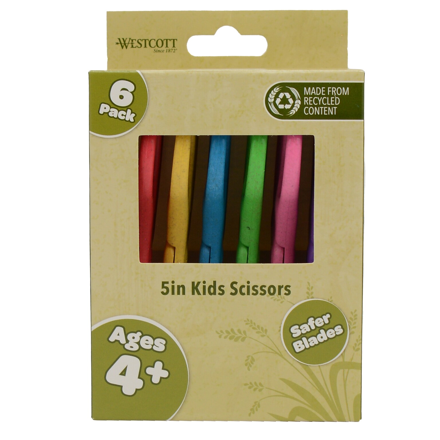 Westcott KleenEarth 5 Stainless Steel Kids Scissors, Blunt Tip, Assorted Colors 6/Pack (00684)