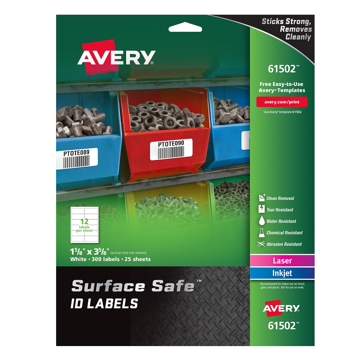 Avery Surface Safe Laser/Inkjet ID Labels, 1 5/8 x 3 5/8, White, 12 Labels/Sheet, 25 Sheets/Pack (61502)