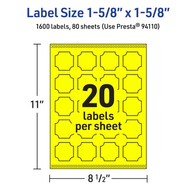 Avery Square Scalloped Laser/Inkjet Multipurpose Labels, 1-5/8" x 1-5/8", Neon Yellow (1600/Box)