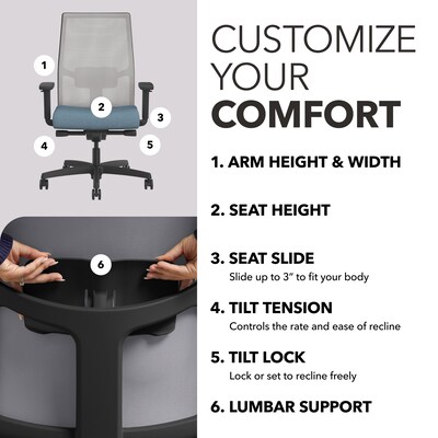 HON Ignition 2.0 Mesh/Fabric Swivel Task Chair, Fog/Carolina/Black (HONI2MM2AFH21BT)