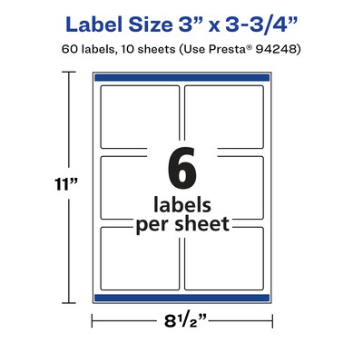 Avery Laser/Inkjet Rectangle Multipurpose Labels, 3.75"  x 3", Glossy White, 60/Pack (94248)