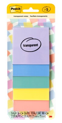 Post-it Transparent Sticky Notes, 2.8 x 2.8, Assorted Colors, 36 Sheets/Pad, 5 Pads/Pack (600-5PAS