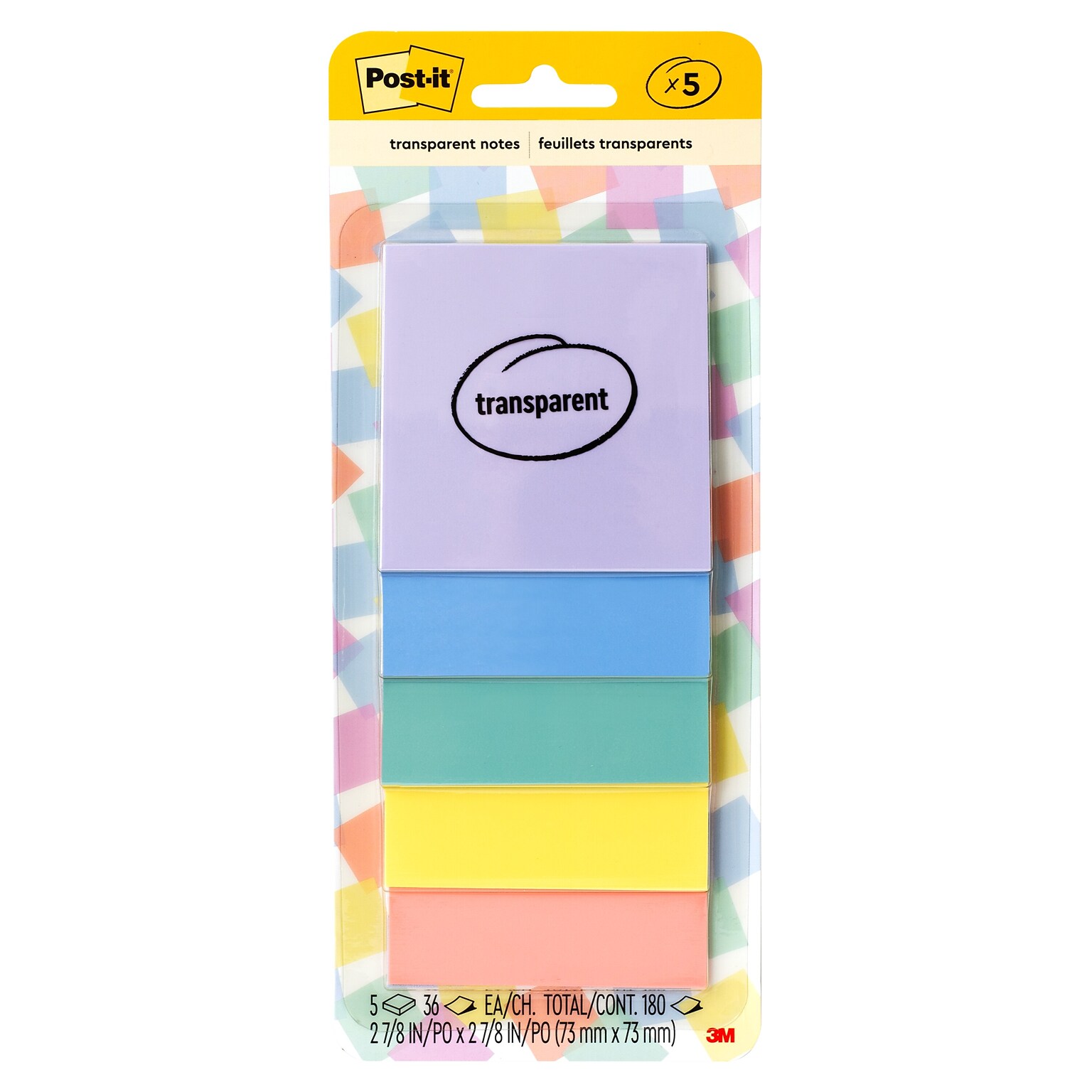 Post-it Transparent Sticky Notes, 2.8 x 2.8, Assorted Colors, 36 Sheets/Pad, 5 Pads/Pack (600-5PASTEL)
