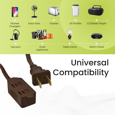 GoGreen Power 15' Extension Cord, 3-Outlet, 16 AWG, Brown (GG-24815-3)