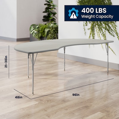 Flash Furniture Wren Kidney Activity Table, 96" x 48", Height Adjustable, Light Gray Top/Silver Frame (XUA4896KDLGTA)