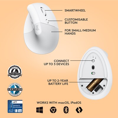 Logitech Lift for Business Wireless Ergonomic Vertical Optical Bluetooth & USB Mouse, Off-White (910-006469)