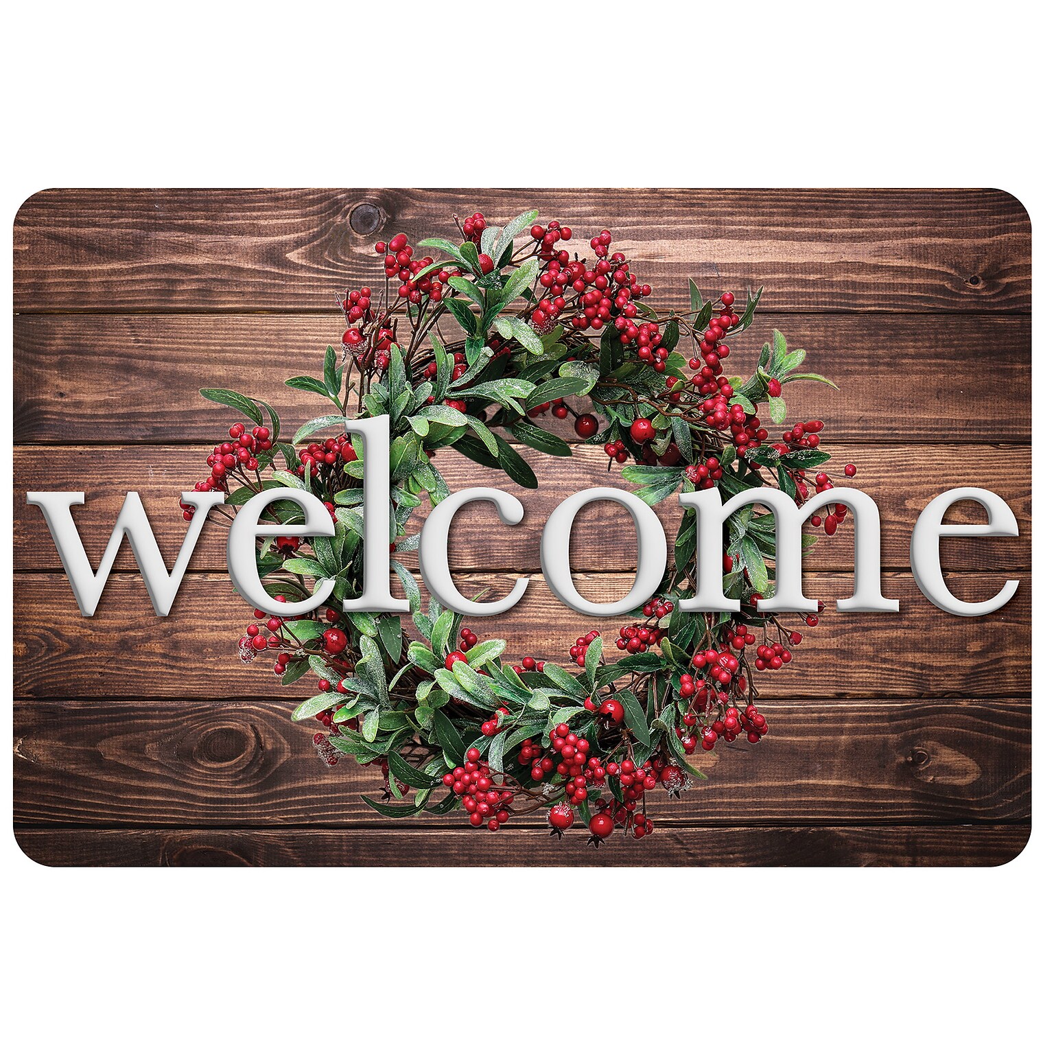 Ashley Productions The Original Fun Mat, Welcome Mat, 15.5 x 23.5, Winter Berries Wreath Rustic Wood Welcome (ASH91575)