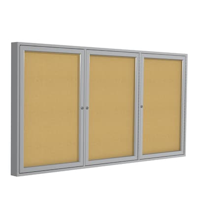 Ghent 3 Door Enclosed Natural Cork Bulletin Board, Satin Aluminum Frame, 3H x 6W, (GHEPA33672K)